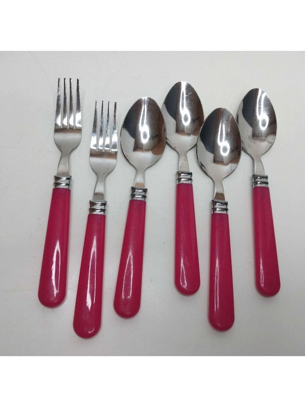 Hot Pink Handle Stainless Steel Fork & Spoon Set Of 6 Vintage Flatware